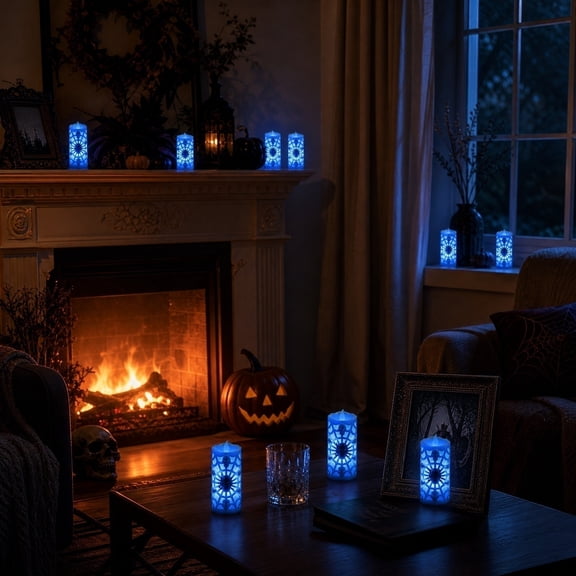 LED Flameless Candle with Spiderweb Skull Embossed Design Battery Operated Halloween Decorative Light for Home Mantel Shelf Party Decor 4 Inch