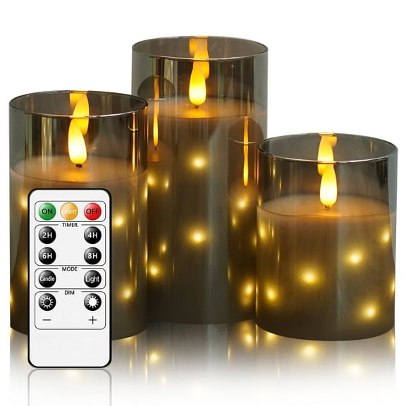 Flameless Candles,Built in Hidden String,Battery Candles Flickering Set,Glass Real Wax,11 Key Remote Control and 24 Hour Timer,3 Groups,H 4 "5" 6 "(Gray)