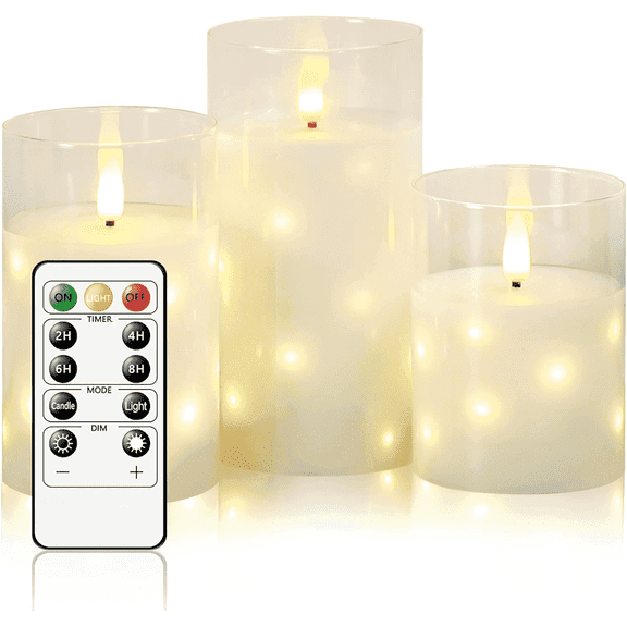 Flameless Candles,Built in Hidden String,Battery Candles Flickering Set,Glass Real Wax,11 Key Remote Control and 24 Hour Timer,3 Groups,H 4 "5" 6 "(White)