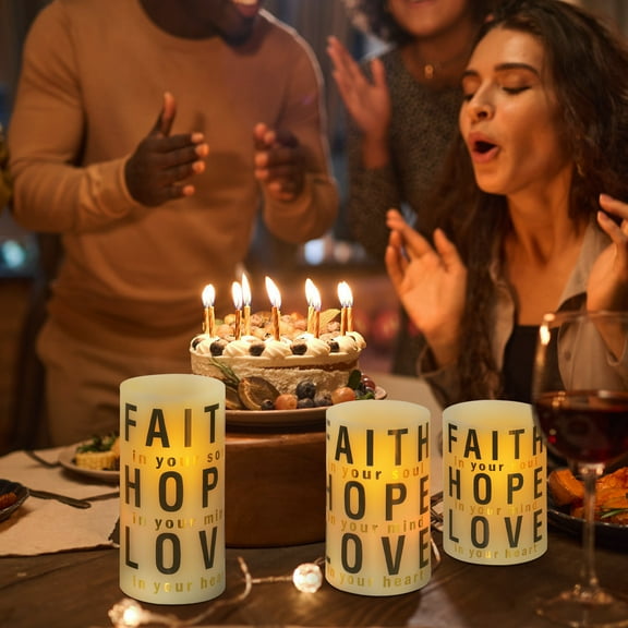 LED Flameless Candles with Remote Timer- Real Wax Flickering Battery Candles - Home Room Holiday Xmas Valentine's Day Decorations, 3 Pieces, Faith, Hope, Love