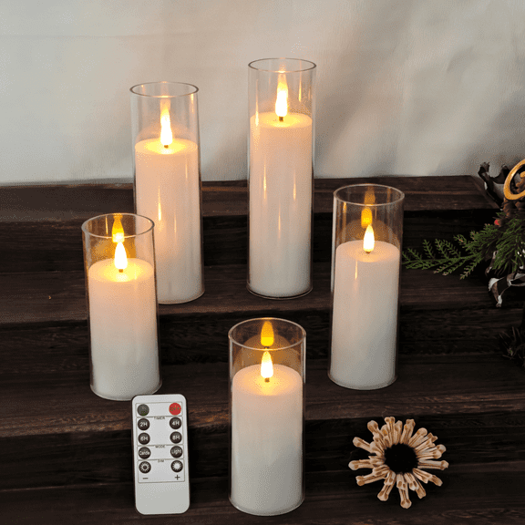 Goyuon LED Flameless Pillar Candle Lights with Remote Control and Timer, Battery Powered, Warm White, 5 Pack