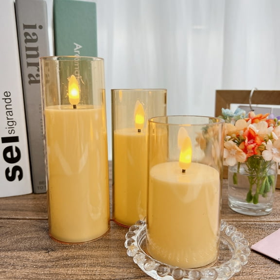 LED Flameless Pillar Candles Battery Operated with Remote and Timer, Set of 3 Plexiglass LED Flickering Candles with 3D Flame