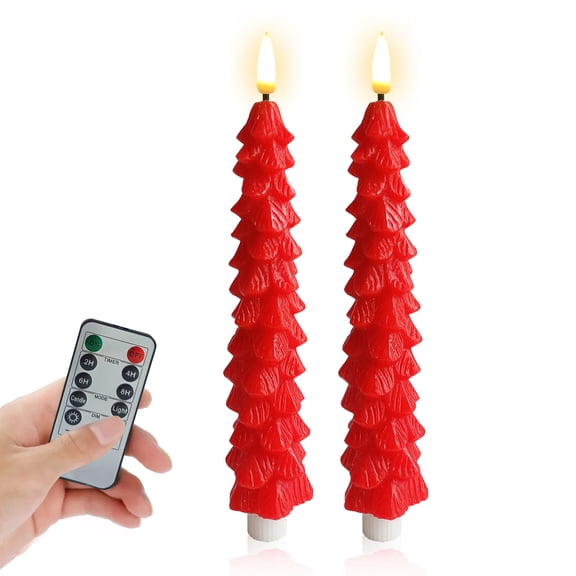 LED Flameless Taper Candles Battery Operated with Remote and Timer, Set of 2 Christmas Real Wax Window Candlesticks with 3D Flame Wick, 9.8 Inches Flickering Christmas Candlesticks