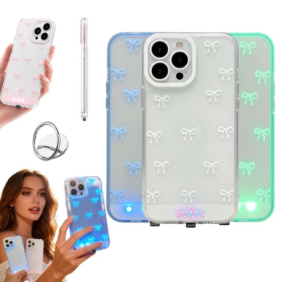 LED Flash Light up Incoming Call Phone Case for iPhone Light-Up Bow Design | Multiple Colors Modes Colorful Glow Vibrant Bowknot Design Ultra-Low Drain Safe Glow(White,For iPhone 17)