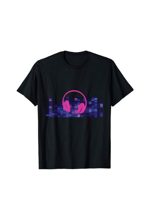 LED Flashing Audio Control Night Club Pink Headphones Black T-Shirt