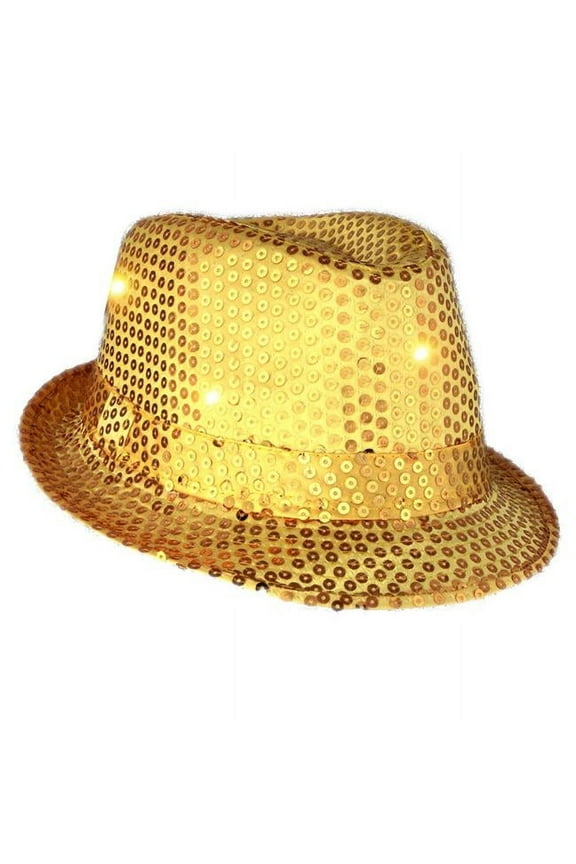 LED Flashing Light Up Fedora Hat with Gold Sequins