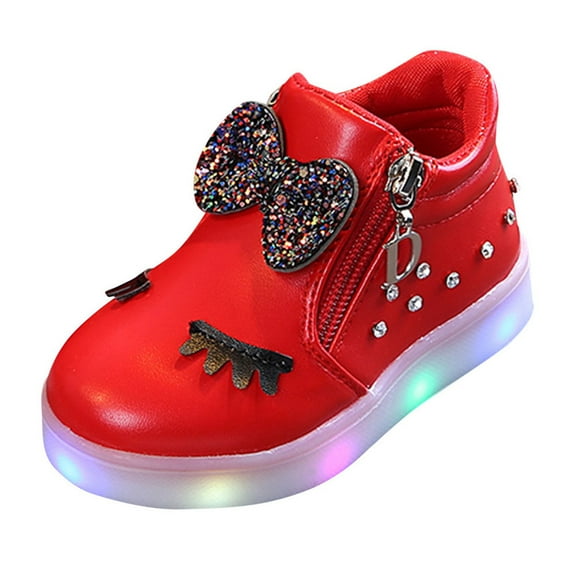 LED Flashing Light up Shoes for Kids Glitter Sequin Bow Leather Zipper High Top Walking Sneakers Toddler Girls