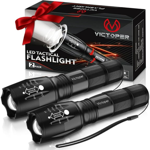 LED Flashlight 2 Pack, Bright Tactical Torch High Lumens with 5 Modes, Waterproof Zoomable Flash Light, Valentine's Day Gifts for Men, Hunting Camping Essentials Gear
