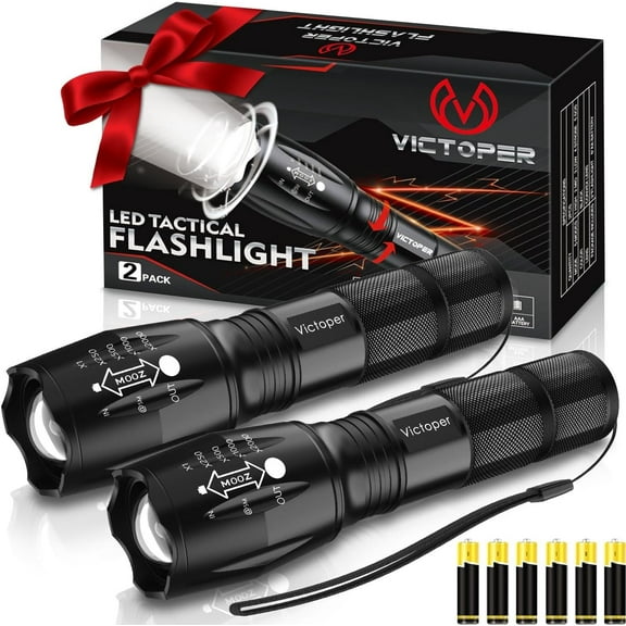 LED Flashlight 2 Pack, Bright Tactical Torch High Lumens with 5 Modes, Waterproof Zoomable Flash Light for Outdoor, Gifts for Camping Essentials Gear