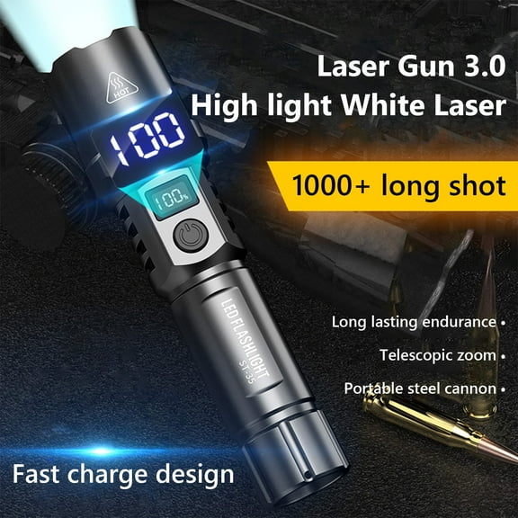 LED Flashlight under $5! CQCYD White Laser Flashlight with USB Display,Type-C Rechargeable Powerful Torch,Car Charging Portable Searchlight,Outdoor Cycling Camping Light,ABS Construction Flashlight
