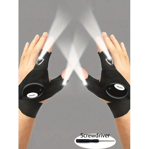 LED Flashlight Gloves, Hands-Free Light, Black, 1 Pair (No Battery)