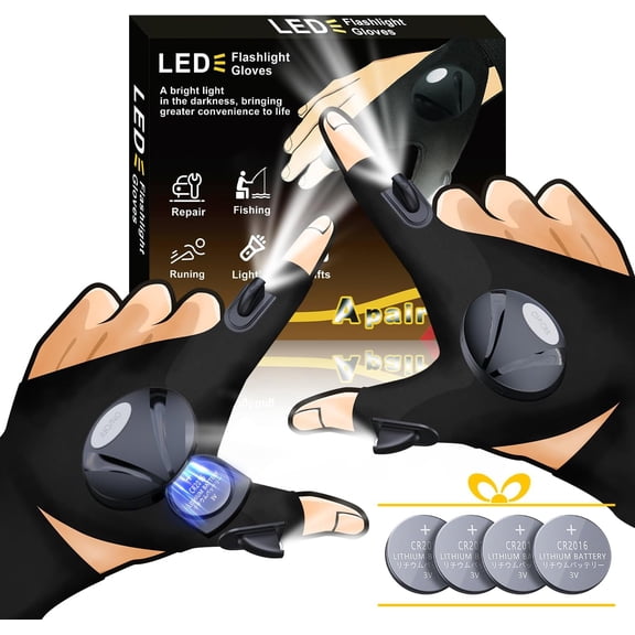 LED Flashlight Gloves, Unique Gift for Men Dad Father Husband Birthday Stuff, Cool Stretchy Fingerless Light Gloves Gadget Repairing Electrician Mechanic DIY Handmade, 1 Pair
