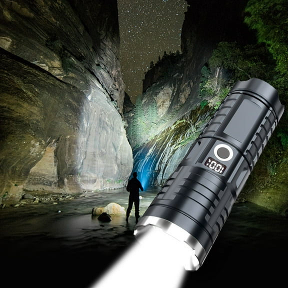 LED Flashlight High Power, Telescopic Zoom Digital Display USB Rechargeable Waterproof Outdoor Torch with Multiple Modes for Camping Hiking Emergency Use