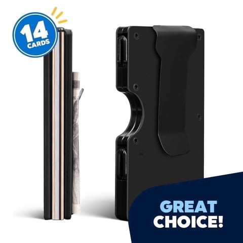 Slim Wallet for Men - RFID Blocking Black Fiber Money Clip & Cash Strap - Minimalist Front Pocket Wallet Wallet Credit Card Holder For Him - 14 Cards