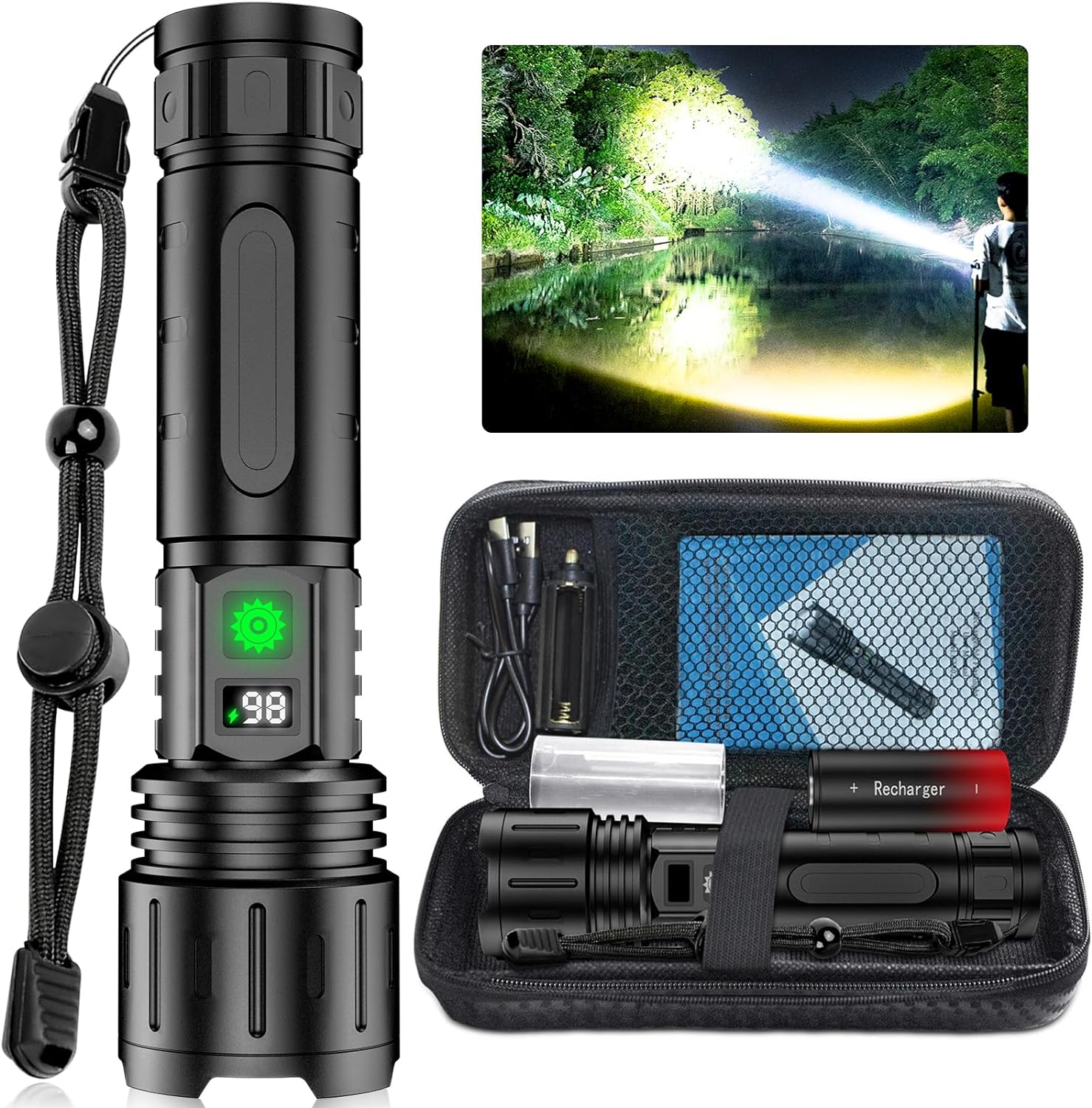 Lampe Frontale 100000 Lumens Rechargeable USB-C - 9000mAh - Zoom IP65 - 5 Modes - Pour Camping, Randonnée