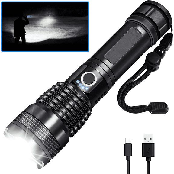 USB Rechargeable & Battery Operated LED Flashlight, XHP70 Tactical with Zoom, 5 Modes for Emergencies, Camping, Hiking (Battery Not Included)