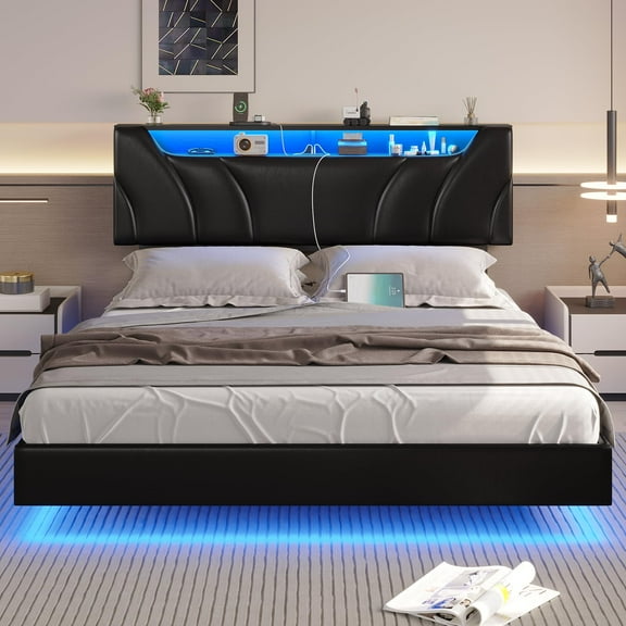 LED Floating Bed Frame Queen Size Faux Leather Upholstered Platform Bed with Storage Headboard&Type-C&USB Port&LED Lights, Black