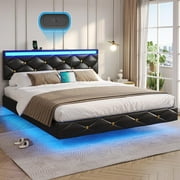 LED Floating Bed Frame Queen Size with LED Lights and Charging Station,Modern Leather Upholstered Platform Bed with Headboard,Noise Free,White