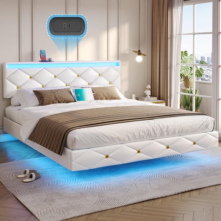 LED Floating Bed Frame Queen Size with LED Lights and Charging Station,Modern Leather Upholstered Platform Bed with Headboard,Noise Free,White