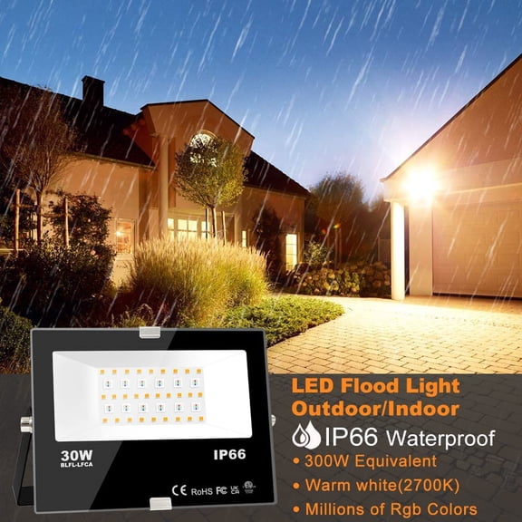 LED Flood Light Outdoor 30W, 300W Equivalent 3000LM Smart RGB Landscape Lighting with APP Control, DIY Scenes -Timing - Warm White 2700K -Color Changing Uplight, IP66, US Plug, No Remote (4 Pack)
