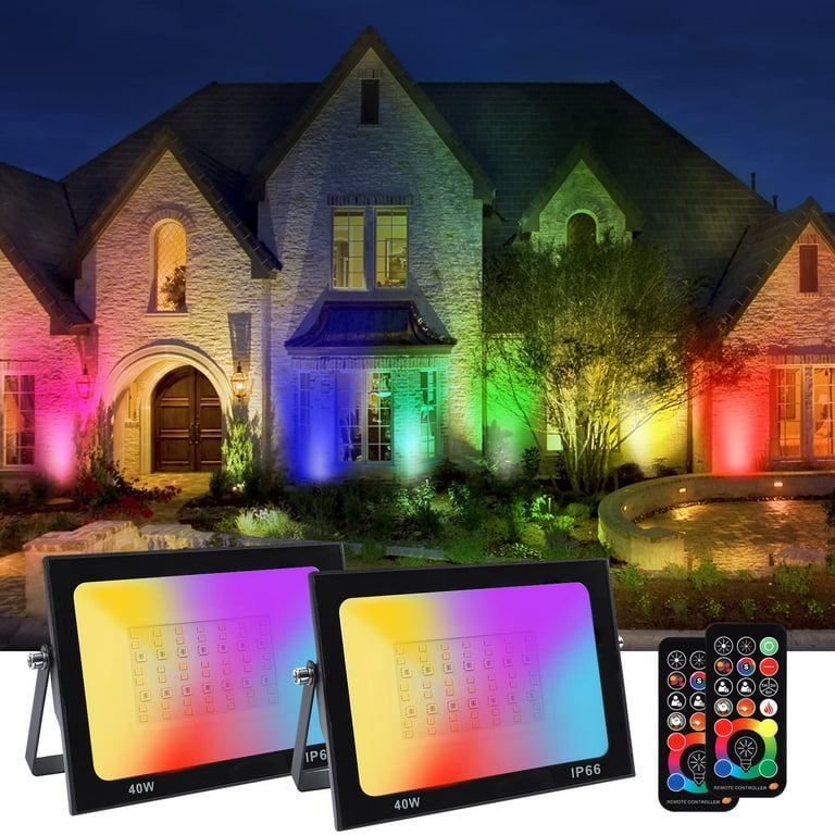 LED Flood Light Outdoor 400W Equivalent RGB Floodlight with Remote 4000 Lumens 3000K Warm White 256 Colors Uplight with Custom Mode IP66 Waterproof