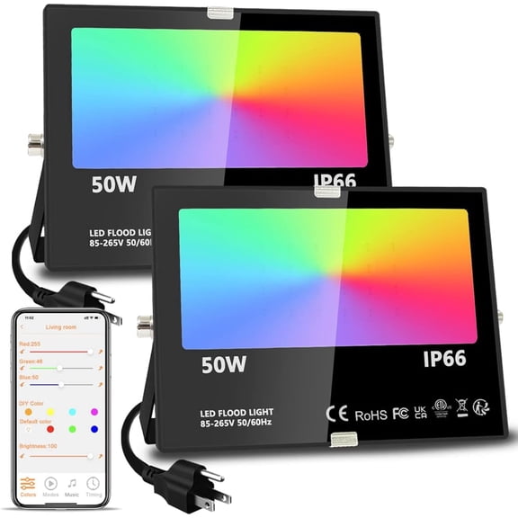 LED Flood Light Outdoor, 500W Equivalent 5000LM Smart RGB Landscape Lighting with APP Control, DIY Scenes - Timing - Warm White 2700K - Color Changing Uplight, IP66 Waterproof US Plug (2 Pack)