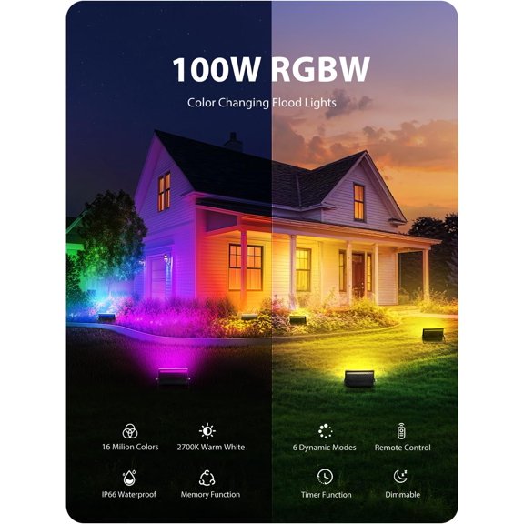 LED Flood Light Outdoor 800W Equivalent, 100W Color Changing RGBW Floodlight with Remote, Stage Lights Uplights for Events, IP66 Uplighting Spotlight Floor Strobe Light for Christmas 4 Pack