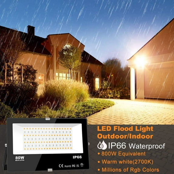 LED Flood Light Outdoor 800W Equivalent 8000LM Smart RGB Landscape Lighting with APP Control, DIY Scenes - Timing - Warm White 2700K - Color Changing Uplight, IP66 Waterproof US Plug (2Pack)