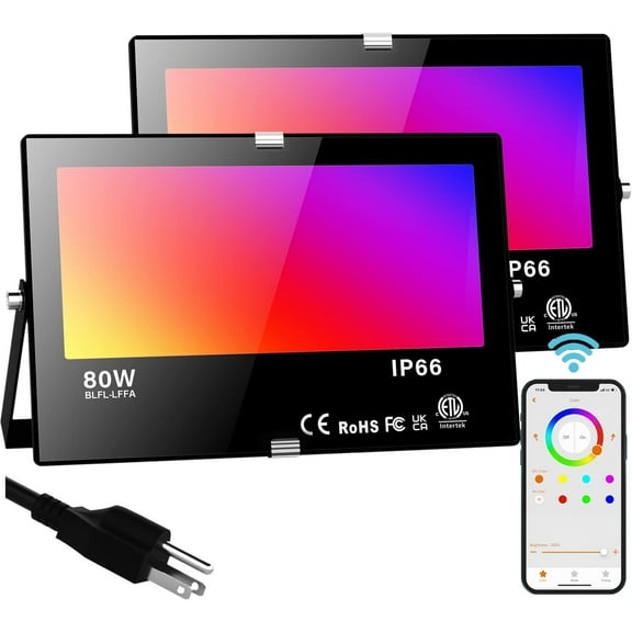 LED Flood Light Outdoor, 800W Equivalent 8000LM,Smart RGB Landscape Lighting with APP Control, IP66 Waterproof Color Changing Uplight, Daylight 5700K 23 Modes Floodlight for Garden Yard Stage, 2 Pack
