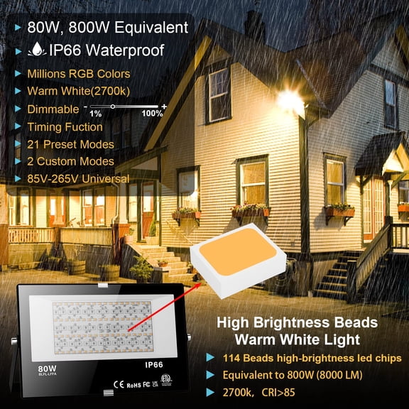 LED Flood Light Outdoor, 800W Equivalent 8000LM Smart RGB Stage Lights, Bluetooth RGB Colors+Warm White 2700K - APP & Group Control & Timing,IP66 Waterproof US 3-Plug Color Changing Strobe Lighting