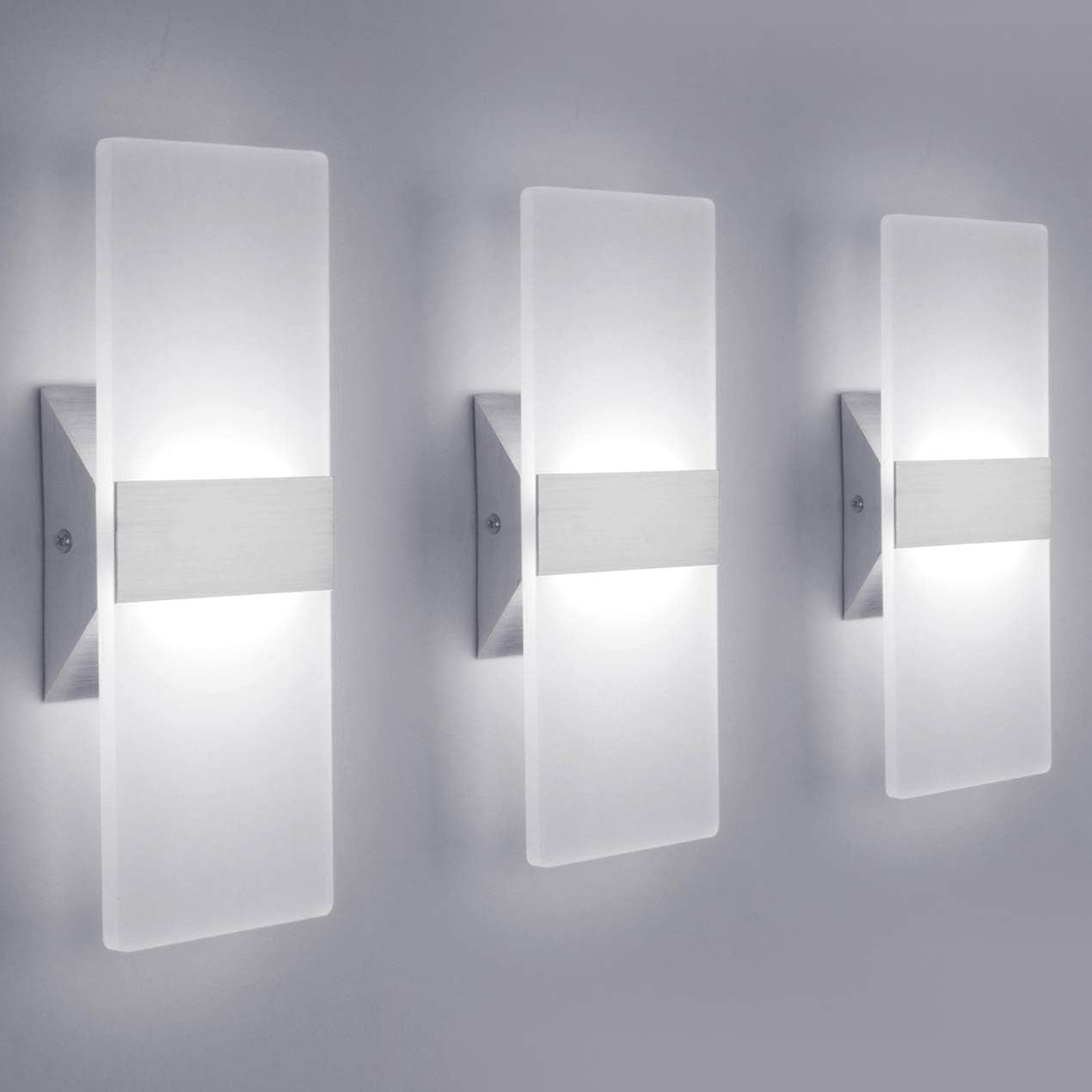 LED Wall Sconce Modern Wall Light Lamps 12W Cool White 6000K Up and Down Indoor Acrylic Lighting Fixture for Living Room Bedroom Hallway Conservatory Home Room Decor(3 Pack)