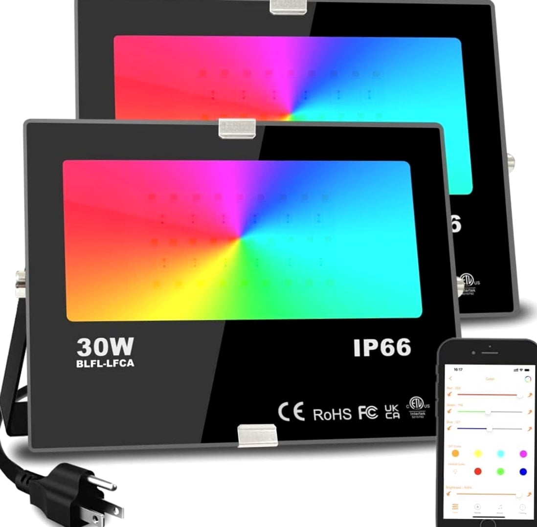 LED Flood Light with 30W, 300W Equivalent 3000 Lm 2 Packs, RGB LED ...