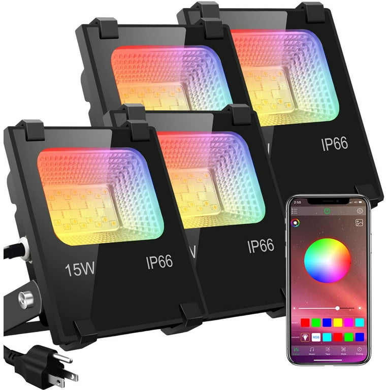 LED Flood Lights RGB Color Changing 100W Equivalent Outdoor 15W Bluetooth Smart Floodlights RGB APP Control IP66 Waterproof Timing 2700K 16