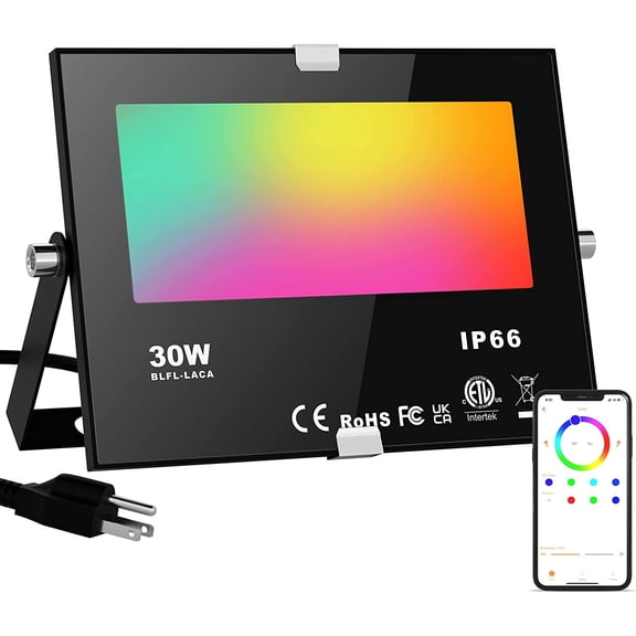 LED Flood Lights RGB Color Changing 300W Equivalent Outdoor, 30W Bluetooth Smart RGB Floodlight APP Control, IP66 Waterproof, Timing, 2700K&16 Million Colors 23 Modes for Garden Stage Lighting