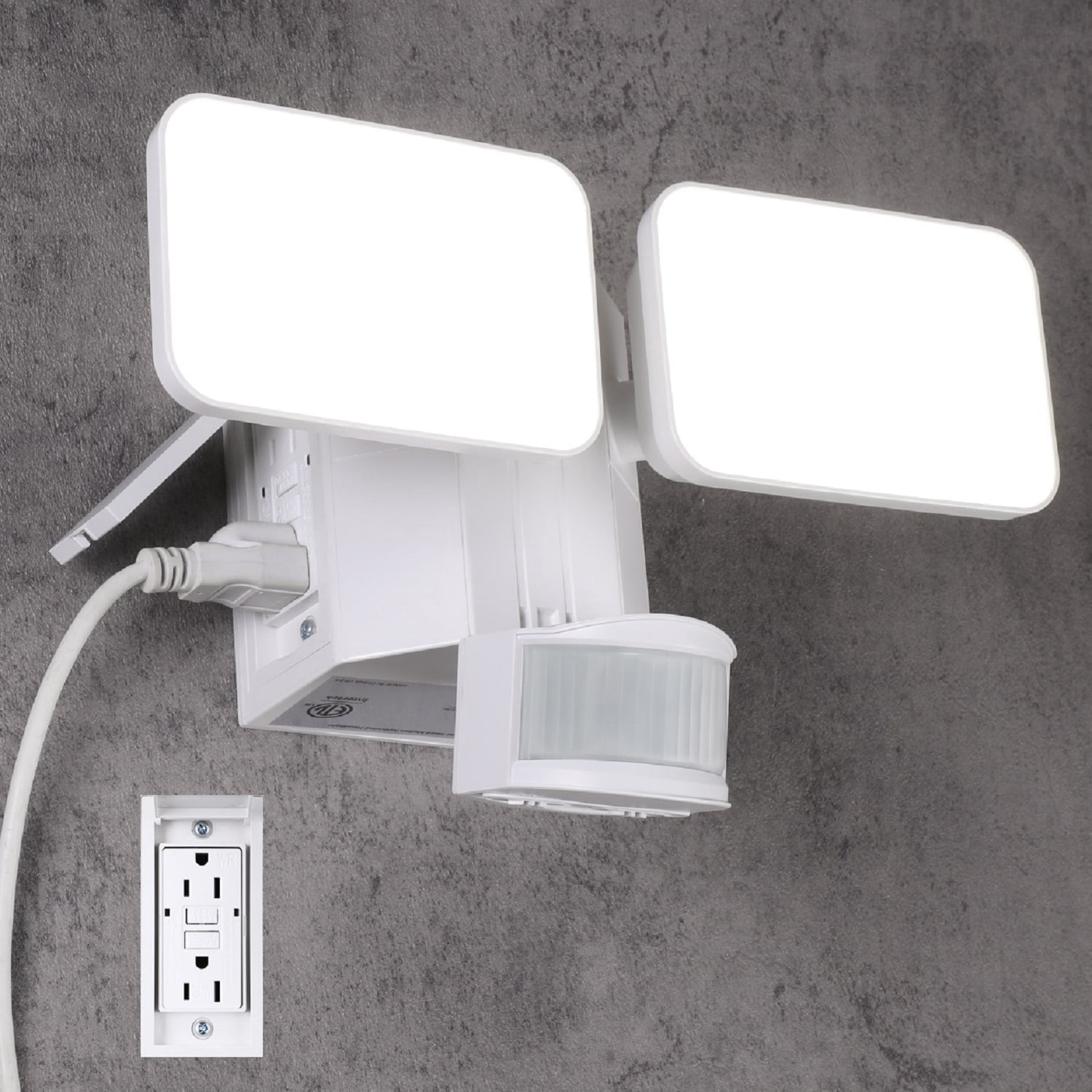 LED Flood Security Light with GFCI Outlets& Motion Sensor, Dusk to Dawn, 28W, Adjustable 2-Head, Wet Location, 5000K Daylight, ETL Listed, White