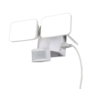 LED Flood Security Light with GFCI Outlets& Motion Sensor, Dusk to Dawn, 28W, Adjustable 2-Head, Wet Location, 5000K Daylight, ETL Listed, White
