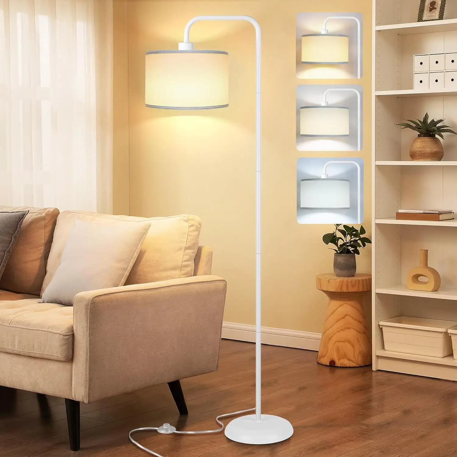 LED Floor Lamp for Living Room, 3 Color Temperature Floor Lamp with Foot Switch Modern Standing Lamp Tall Pole Floor Reading Lamp for Bedroom, Study Room, Office, 9W Bulb Included, White