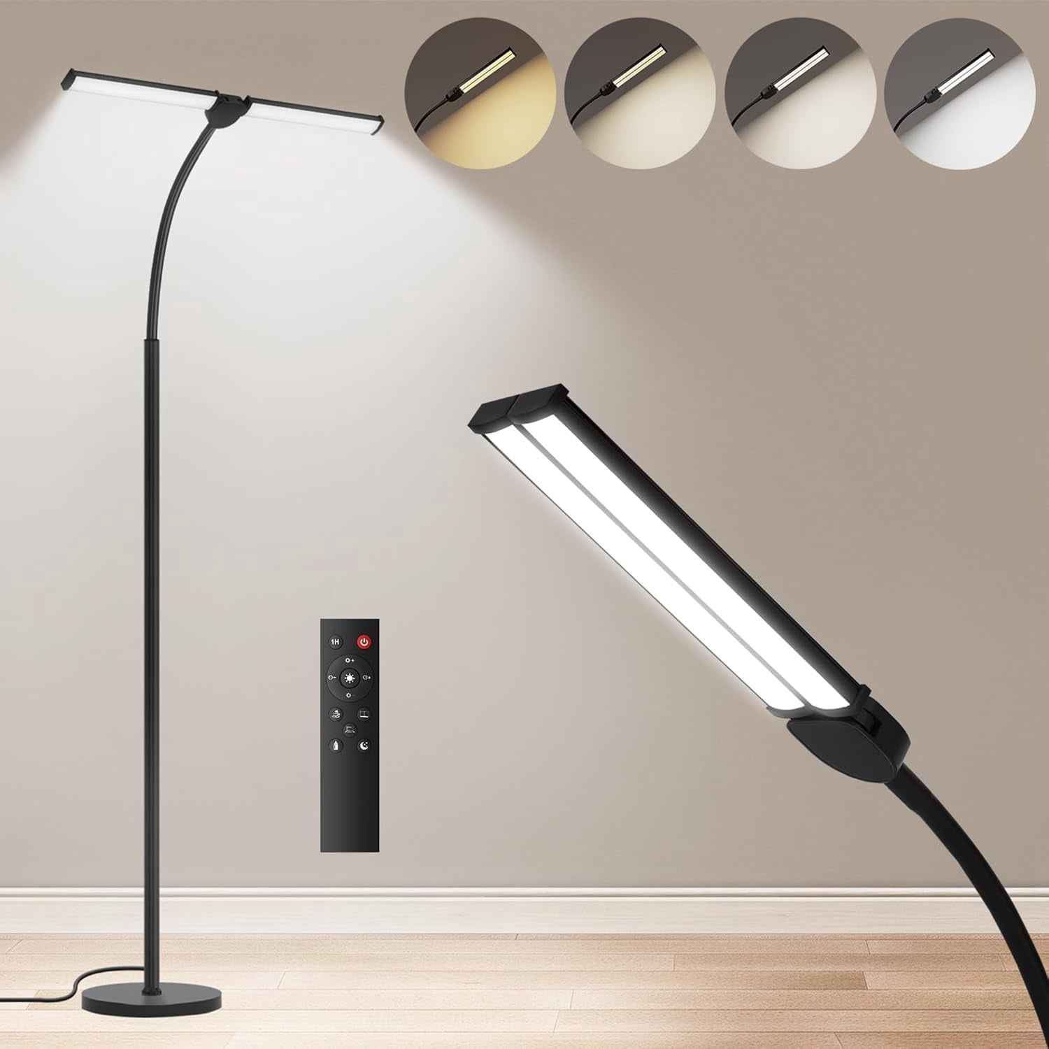 LED Floor Lamp for Living Room, Bright Reading Lamps for Office, Adjustable Colors Temperatures&Brightness, Dual Head Goose-Neck Standing Lamp, Remote and Button Control, Eye Caring Tall Lamp, Black