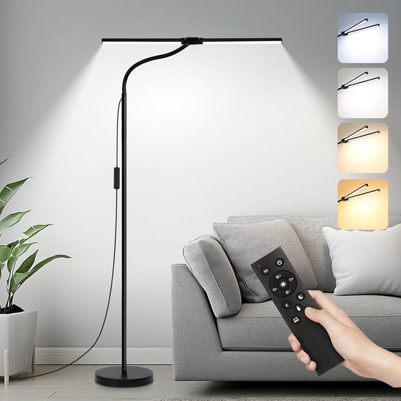 LED Floor Lamp with Remote Control, Bright 18W Floor Lamps for Living Room with Double Head, Adjustable Gooseneck Standing Lamp, Eye Caring Reading Light for Eyelash Extetions Craft Office