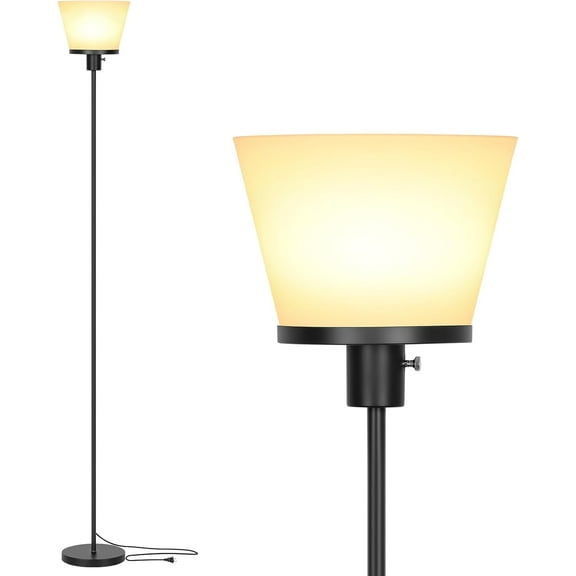 LED Floor Lamp Tall Standing Lamp, Black Modern Torchiere Floor Lamps for Bedroom Living Room Office, Bright Floor Lamp with White Plastic Shade, Bulb Not Included.