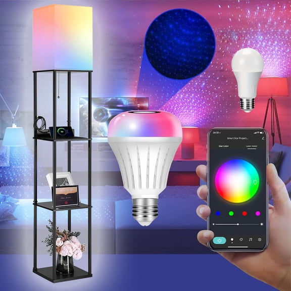 LED Floor Lamp w. Shelves & AC/USB Outlets Smart Light Bulb Galaxy Star Projector Color Changing & App/Voice Controlled Lights w. 3 Level Shelves for Bedroom Living Room Corner