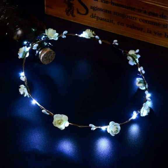 LED Flower Crowns Headbands - Flower Crowns for Women & Girls, Blinking Hair Accessory, Light Up Party Favors for Wedding Beach Festival Cosplay Halloween Christmas Day (White)