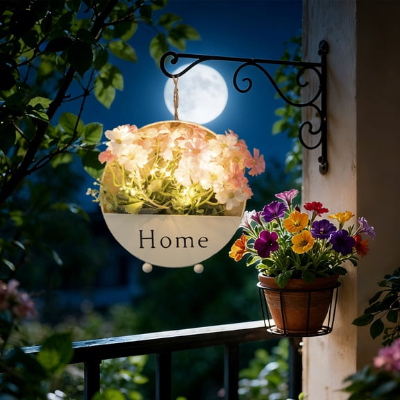 LED Flower Wall Decor Rustic Home Sign Metal Hanging Planter with Warm String Lights Artificial Plants Wall Art for Living Room Bedroom Bathroom Kitchen Housewarming Birthday Gift(Multiple)