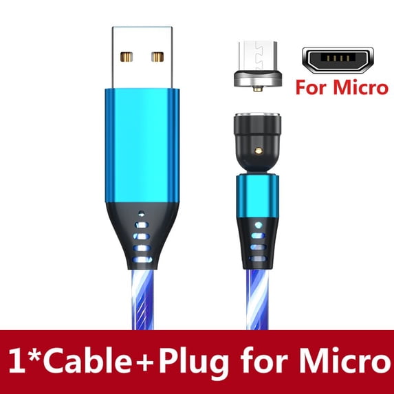 LED Flowing Light Charging Magnetic USB Cord Glow Type C Cable Magnetic Cable Micro Charger Cable for iPhone Huawei Samsung Blue for Micro 2m