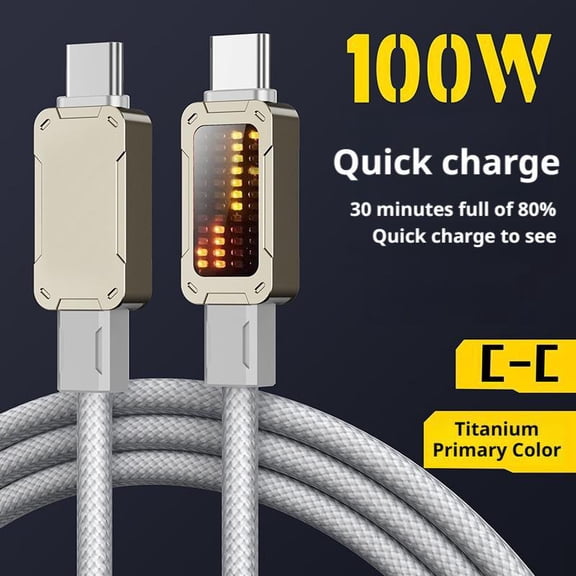 LED Flowing Light USB-C Cable 100W Fast Charging, 1.2m Car Ambient Light Braided Charging Cable with Power Display, 480Mbps Data Cord for Phone Tablet (White)
