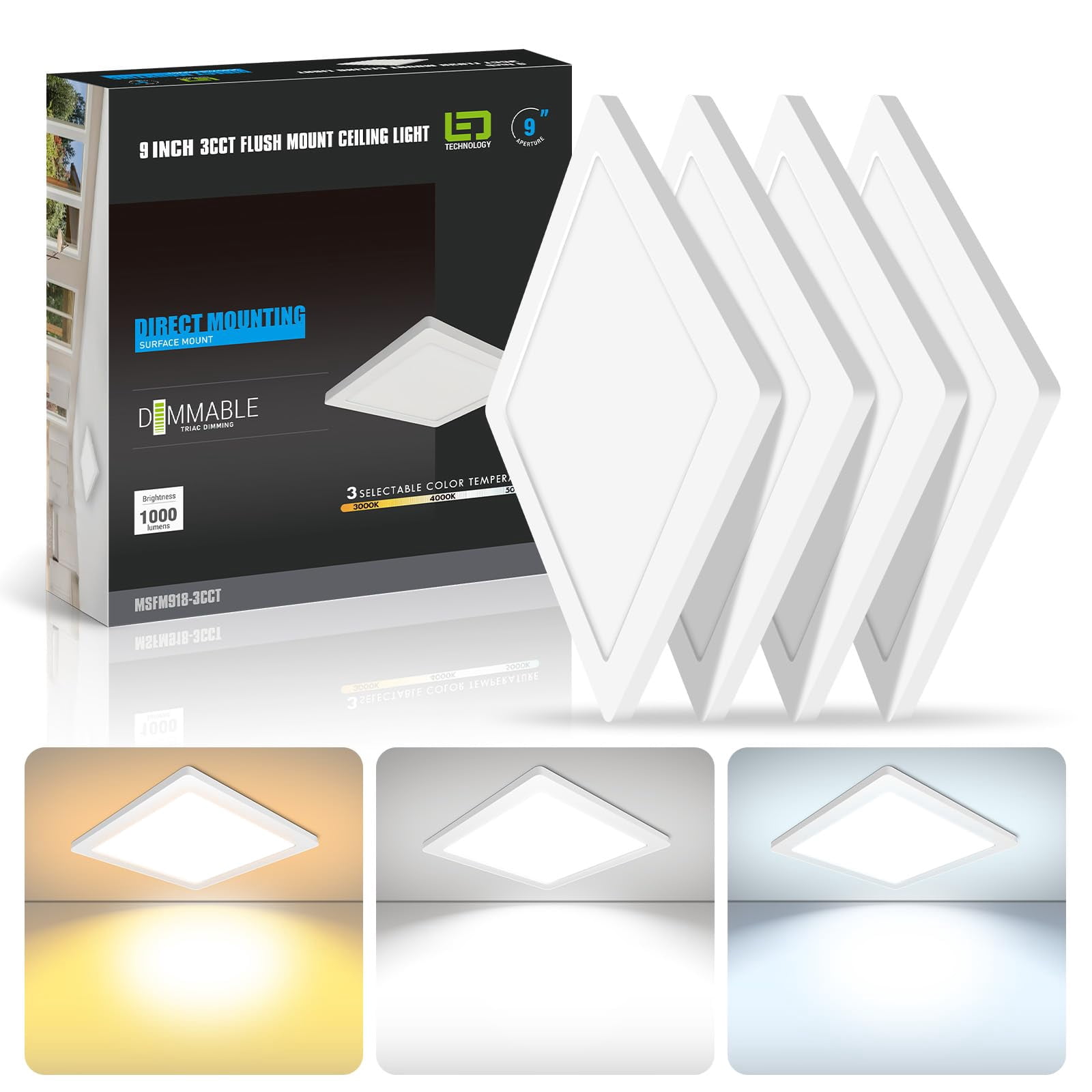 LED Flush Mount Ceiling Light 4 Pack, 9 Inch Square 18W, Dimmable 3000K-5000K Adjustable, Slim White Fixture for Kitchen Bathroom Bedroom, White