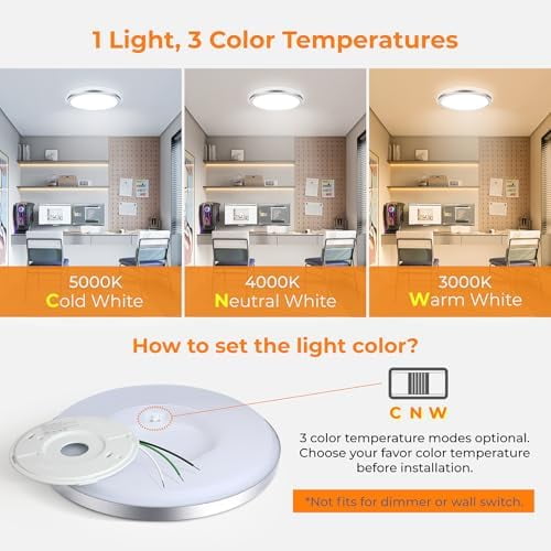 LED Flush Mount Ceiling Light Fixture, Super Slim 12 Inch 24W LED Ceiling Light, 3000K/4000K/5000K Selectable Ceiling Lamp - Round Flat Ceiling Lights Flush Mount for Kitchen Bathroom Shower