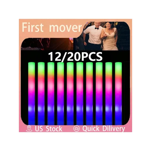 LED Foam Glow Sticks 18.9 Inch Light Up Batons with 3 Flashing Modes, Glow in the Dark Party Supplies for Weddings, Birthdays, Music Festivals and Carnivals, 12/20 Pack Bulk Set