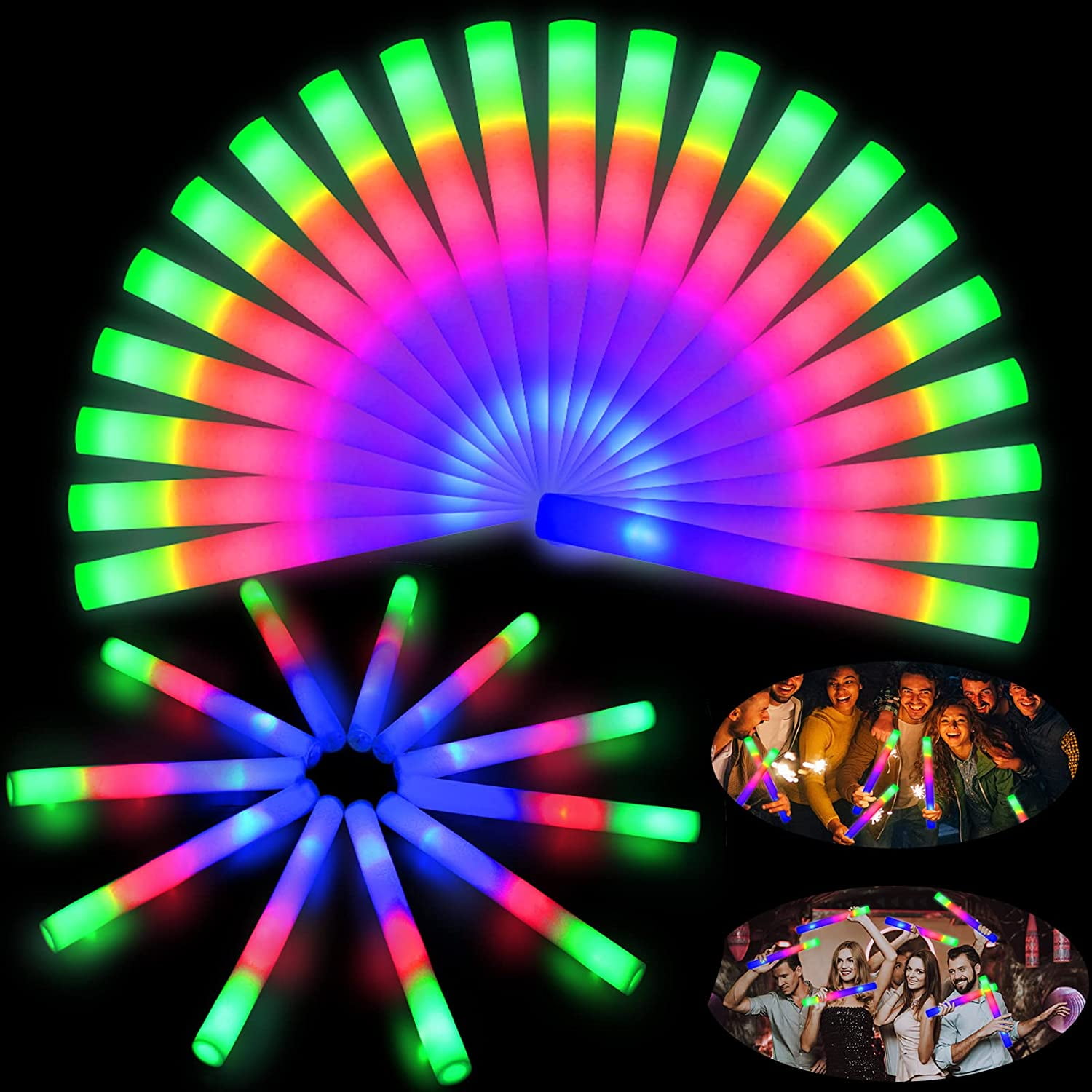 LED Foam Sticks 100 Pack Glow Batons 3 Modes 18 Inch Multi color