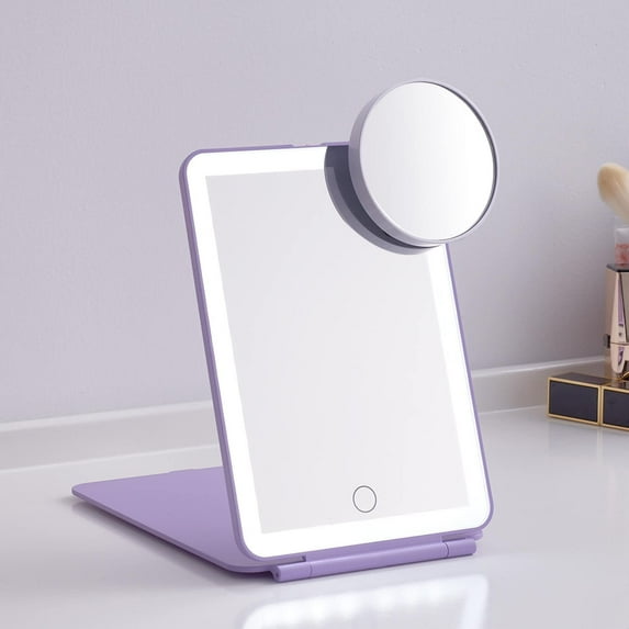 LED Foldable Travel Makeup Mirror - 5x7 inches3 Colors Light Modes USB Rechargeable Touch Screen, Portable Tabletop Cosmetic Mirror for Travel, Cosmetic, Office (Violet)
